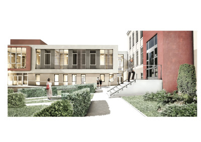 Detail Haupteingang und Übergang zum Nebengebäude